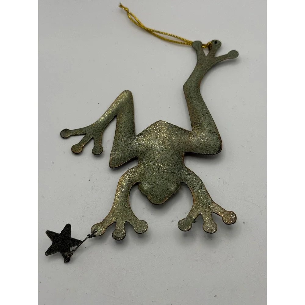 Vintage Metal Frog Ornament with Dangling Star Charm Gold Glitter Finish Green